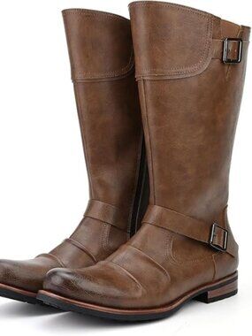 Men's Riding Boots Mid-Calf Adjustable Buckles Motorcycle Biker Boots
